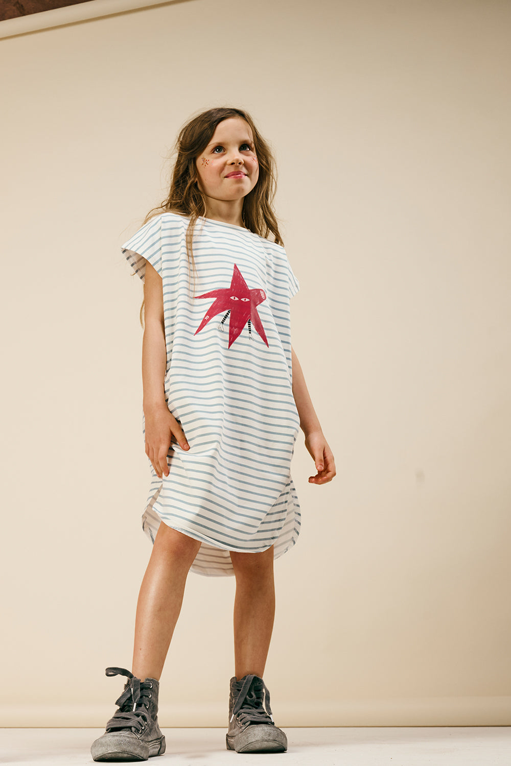 sukienka dziecięca - STRIPED SHORT DRESS ecru/blue