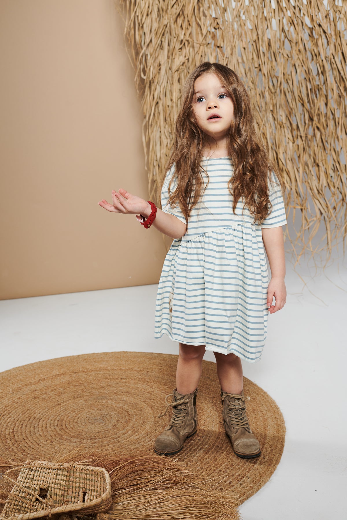 sukienka dziecięca- STRIPED BEVEL DRESS ecru/blue
