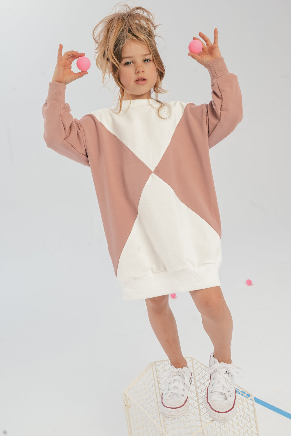 sukienka dziecięca- PANEL DRESS ecru/pink