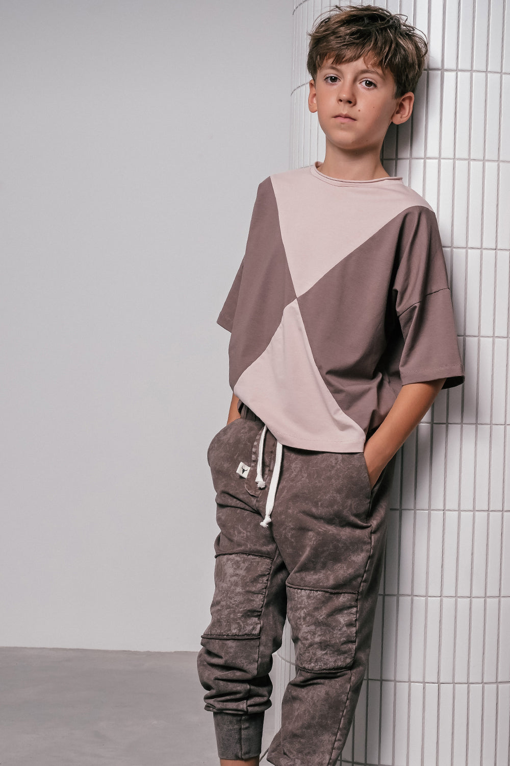 koszulka dziecięca- PANEL TEE light pink/brown