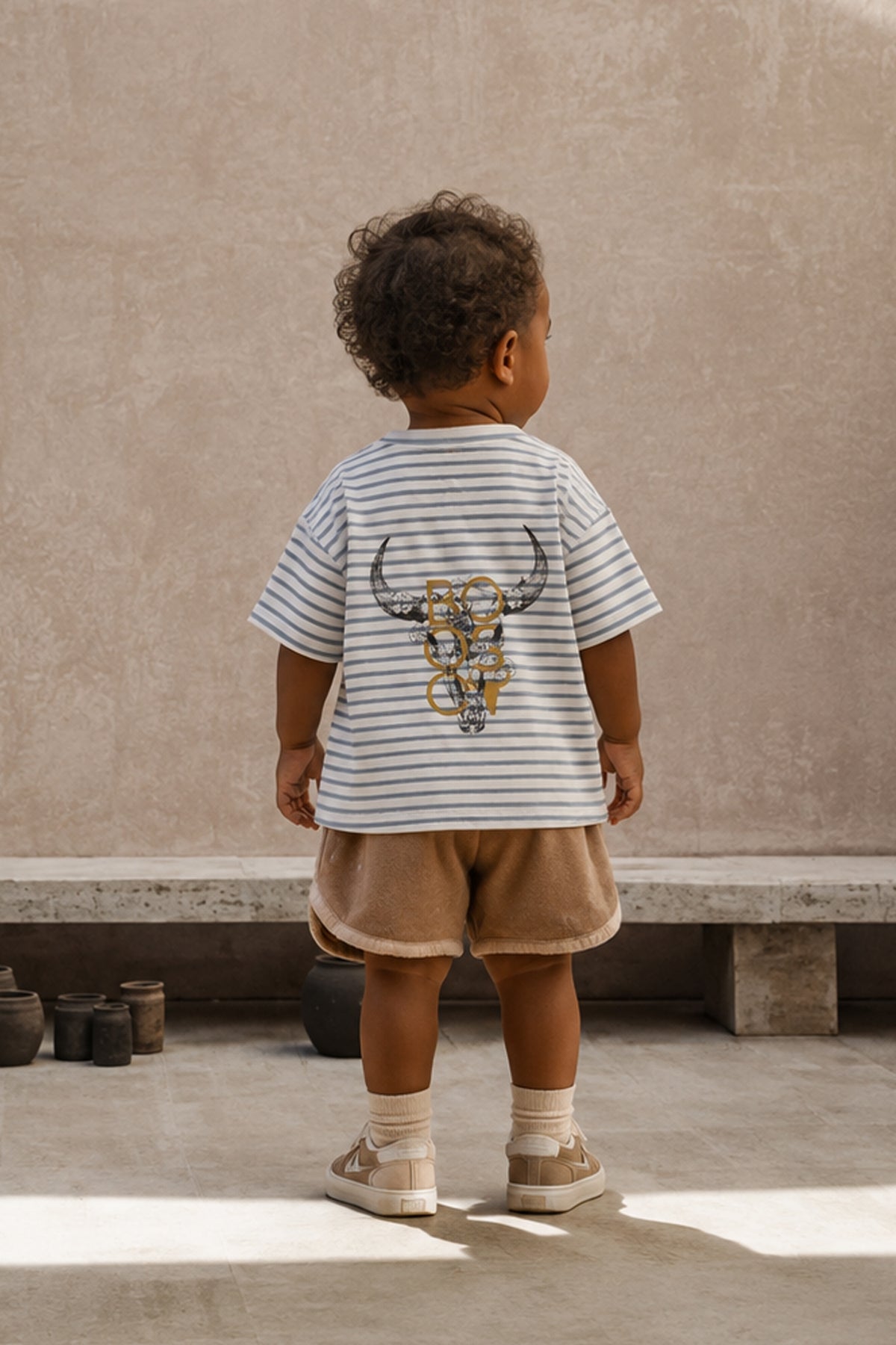 koszulka dziecięca- STRIPED SHORT TEE BISON ecru/blue