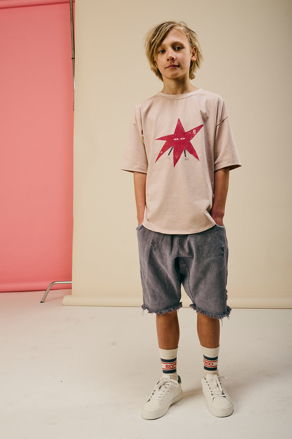 koszulka dziecięca- LONG TEE dusty pink/ red star