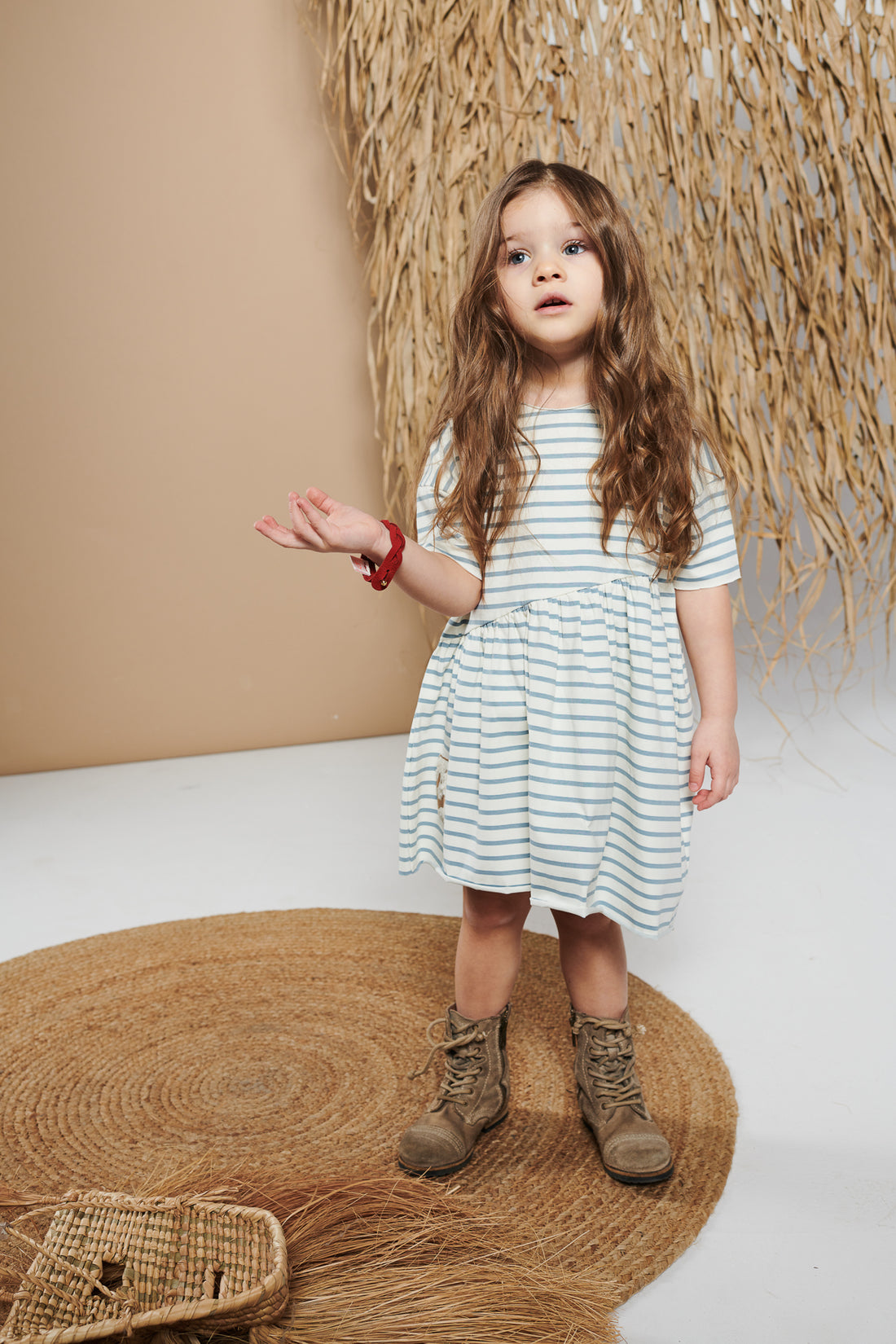 sukienka dziecięca- STRIPED BEVEL DRESS ecru/blue