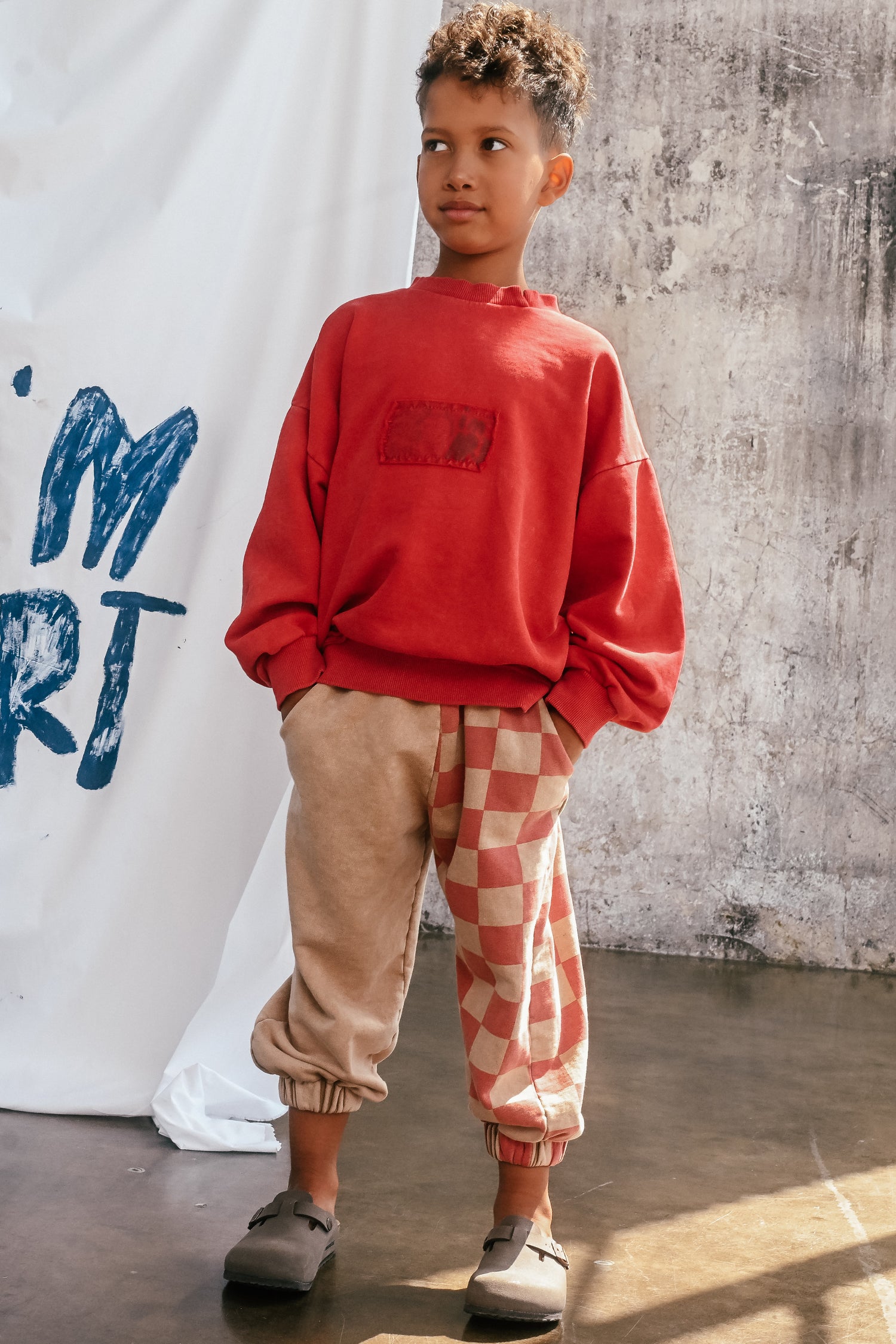spodnie dziecięce- DOUBLE CHECKED WIDE PANTS beige/red