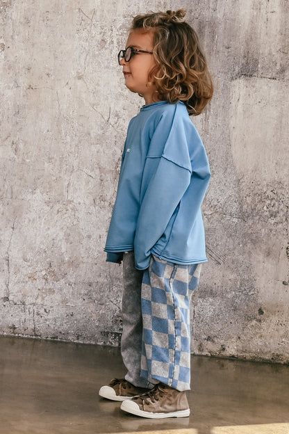 spodnie dziecięce- WIDE CHECKED PANTS gray/blue
