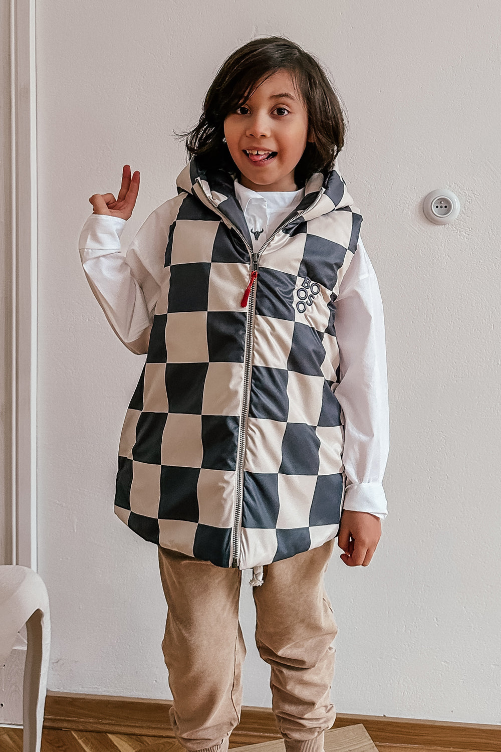 kamizelka dziecięca- CHECKED VEST graphite/beige