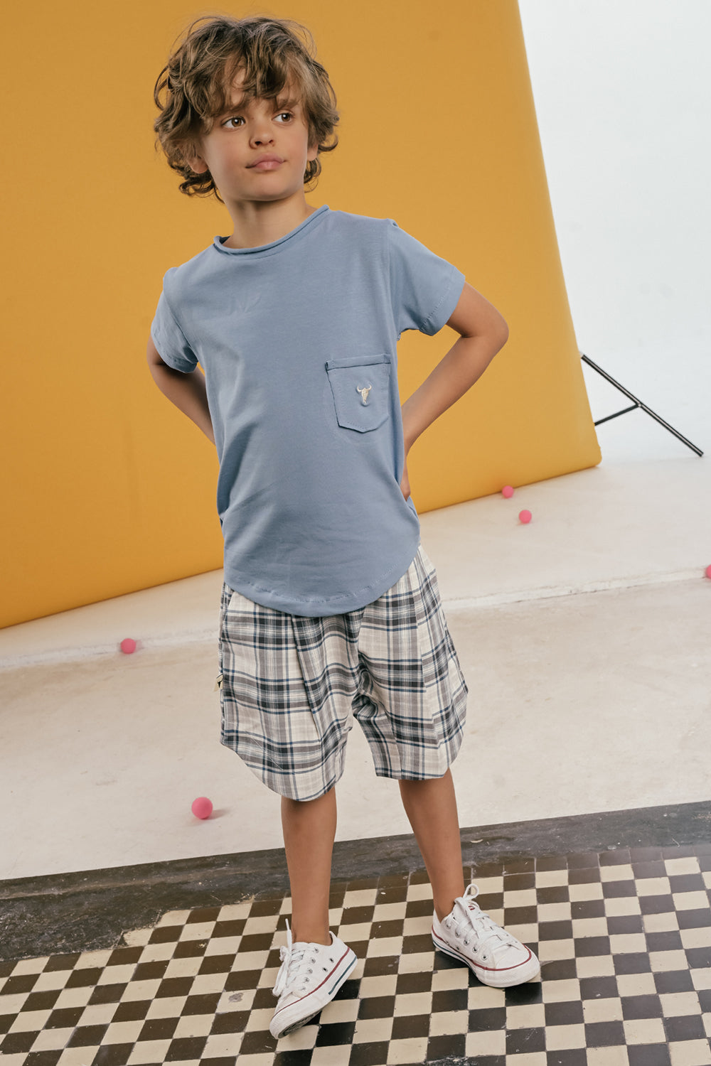 szorty dziecięce - CHECKED SHORTS gray/blue