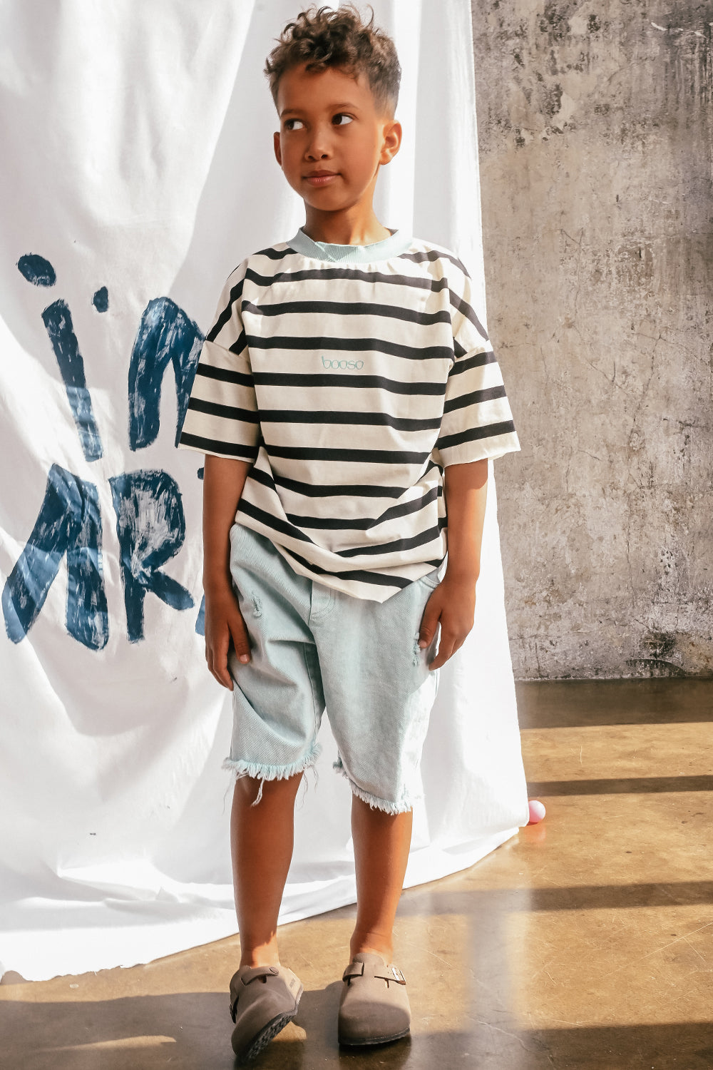 koszulka dziecięca- STRIPED TEE ecru/black/mint