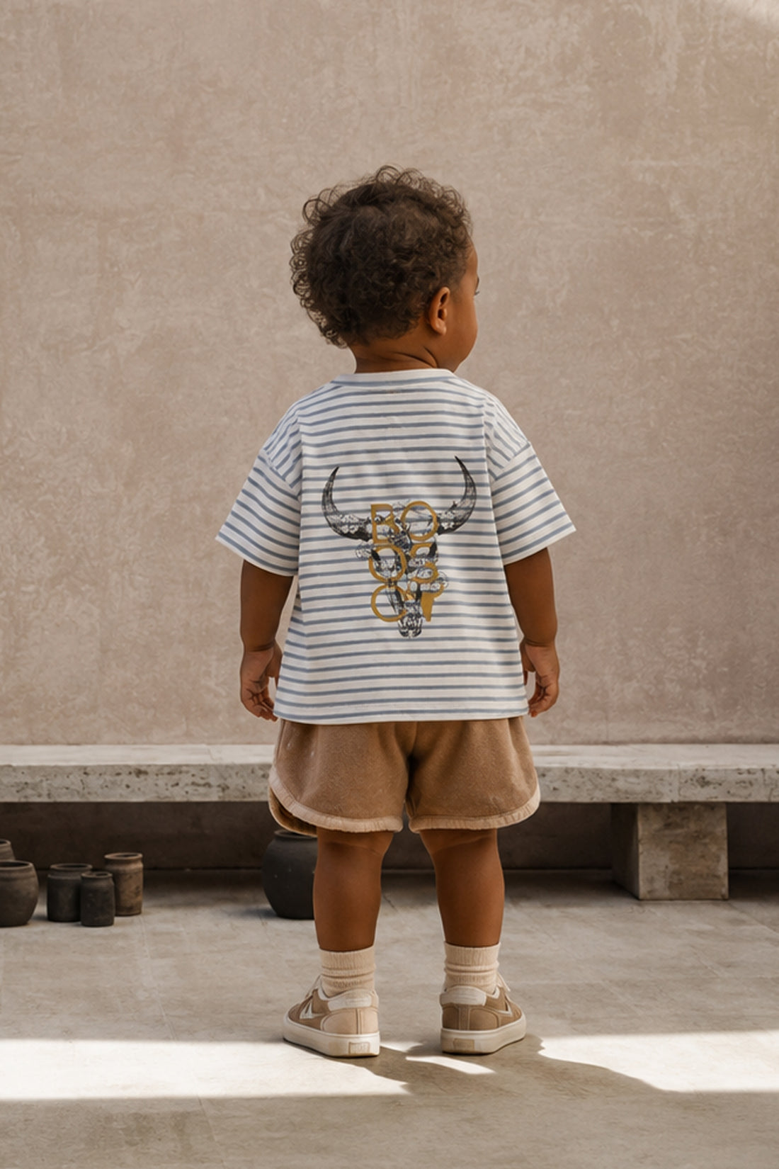 koszulka dziecięca- STRIPED SHORT TEE BISON ecru/blue