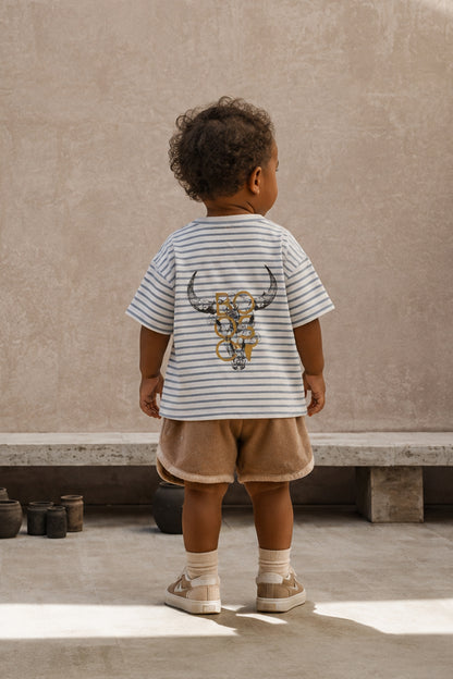 koszulka dziecięca-  STRIPED SHORT TEE BISON ecru/blue